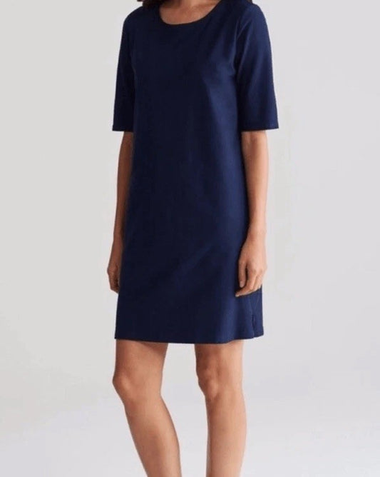 EILEEN FISHER Navy Washable Stretch Crepe Side Zip Shift Dress Medium Petite