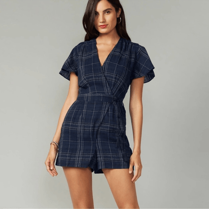 Anthropologie Greylin Misla Cotton Blend Wrap Plaid Romper  Size Small