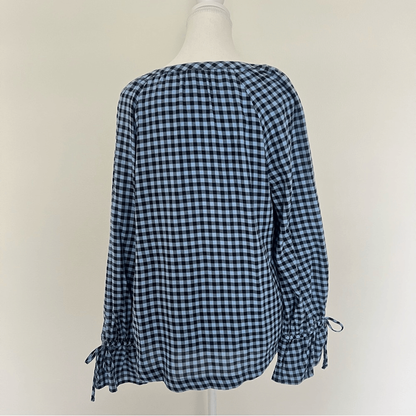 TALBOTS Blue Gingham Check Pullover Blouse Top Lon Sleeve Size Medium