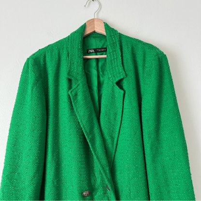 Zara Tweed Oversized Blazer Textured Double Breasted Size Large in Green Blogger