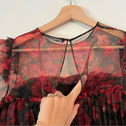 Zara Floral Sheer Organza Cropped Top Size Medium Whimsical Fairy Puff Sleeves