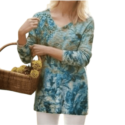 Soft Surroundings V-Neck Sweater Blue Floral Pullover Knit Size Large