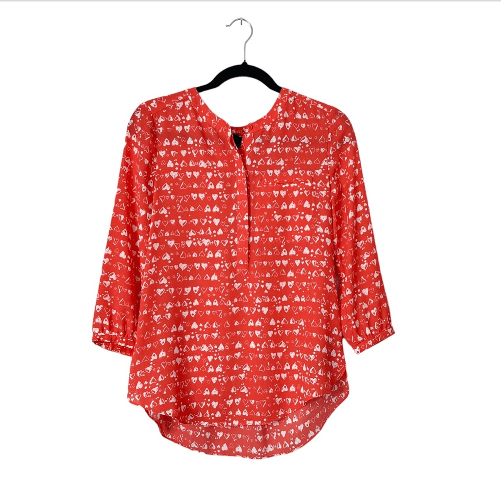 NYDJ Heart Prrinted Half Placket 3/4 Sleeve Blouse Size XS