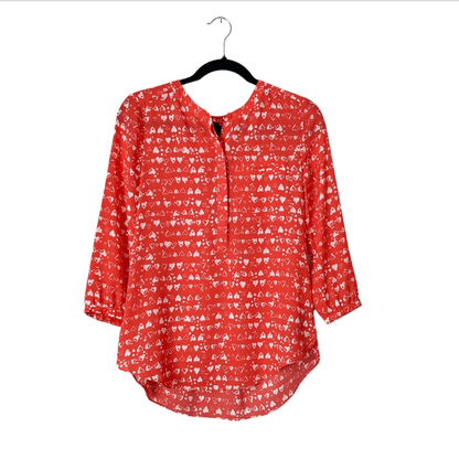 NYDJ Heart Prrinted Half Placket 3/4 Sleeve Blouse Size XS