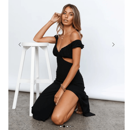 Hello Molly In Your Eyes Black Linen Cut Out Off Shoulder Maxi Dress Small