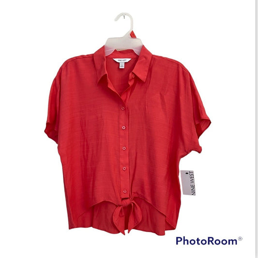 Nine West Button Down Tie Front Shirt Blouse Size Small