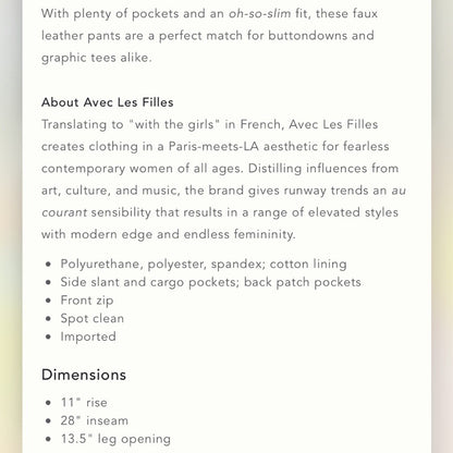 Anthropologie Avec Les Filles Gabi Vegan Faux Leather Utility Pants NEW Size XS