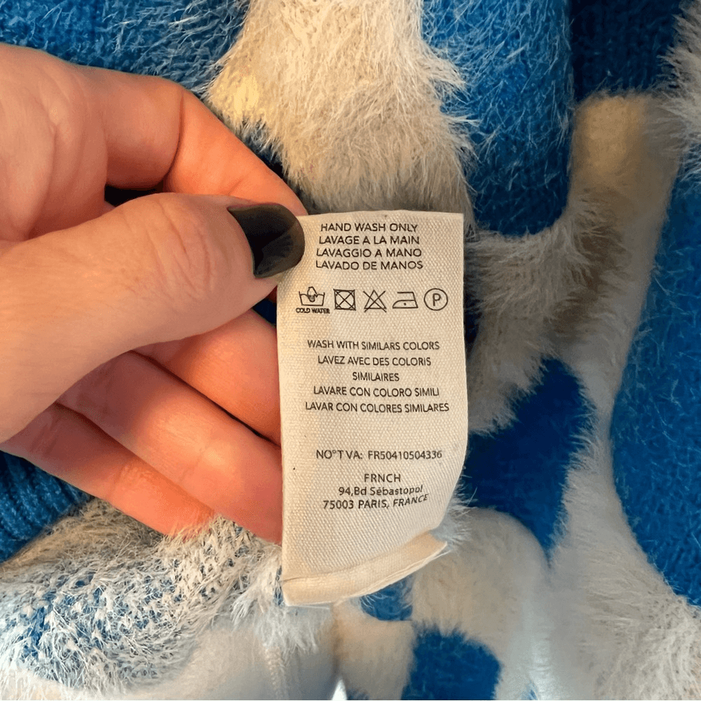 FRNCH Lio Cozy Fuzzy Sweater Blue White Abstract Colorblock Size Small