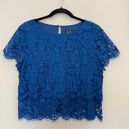 Lulus Heartbeats Blue Eyelash Trim Tiered Lace Blouse Crop Top XL