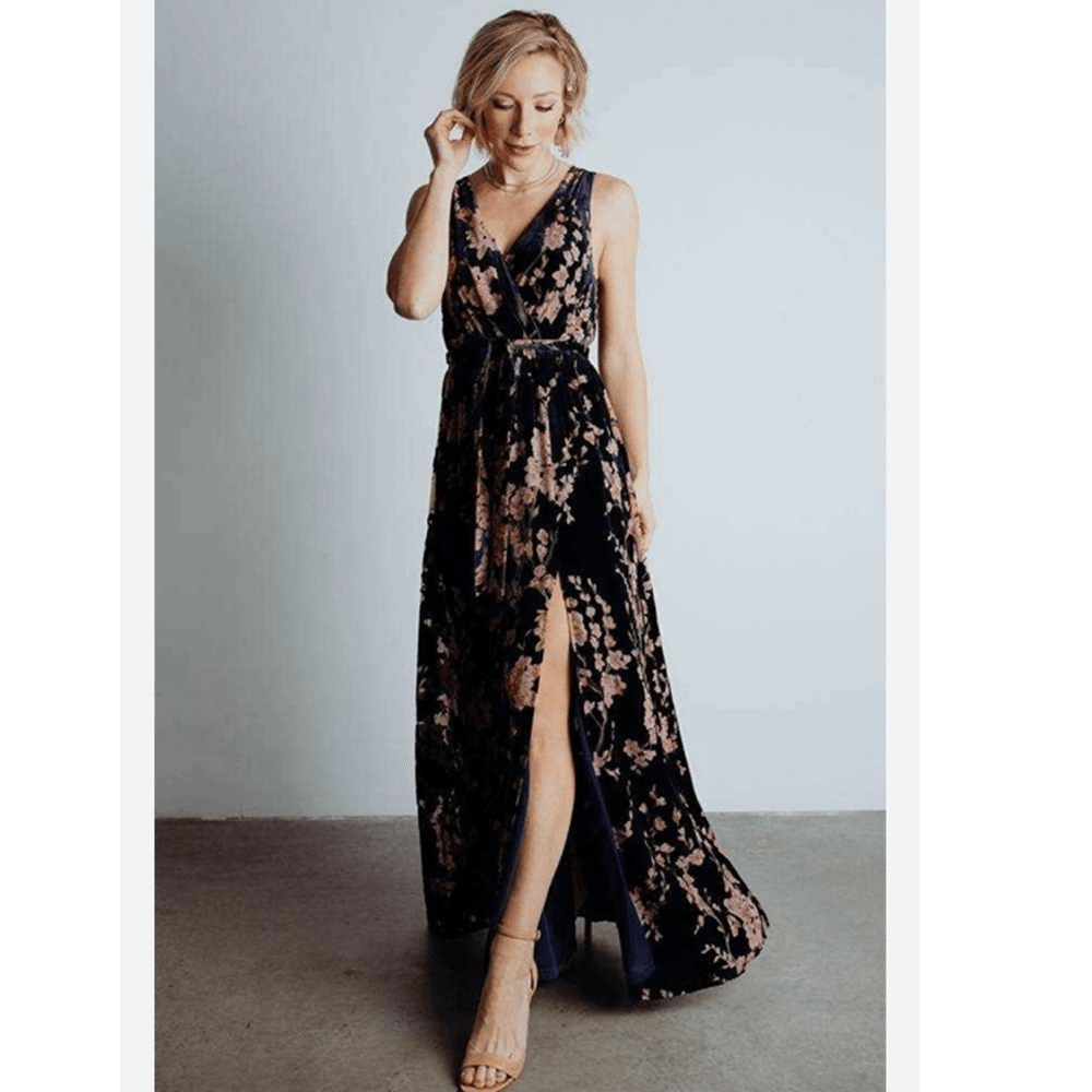 Baltic Born Lennon Velvet Floral Maxi Front Slit Dress in Black NEW Size Medium