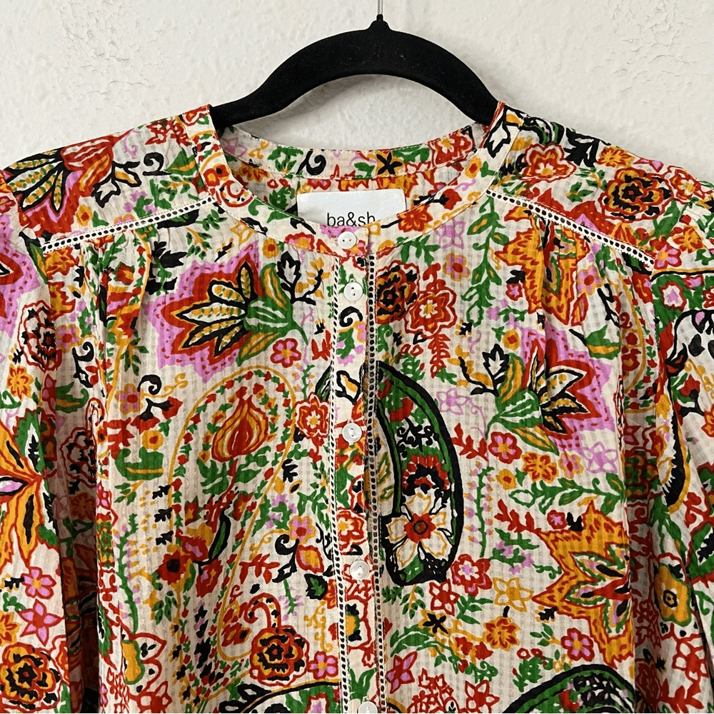 Ba&sh Bianca Long Sleeve Floral Blouse In Vert Small NEW Bohemian