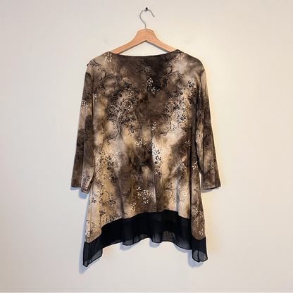 Dressbarn Brown Floral Ruffle V-Neck Blouse Top Plus Size 2X 3/4 Sleeve Y2K