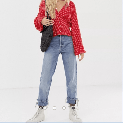 Free People Love Street Red White Polka Dot Long Sleeves Blouse M Retro Romantic