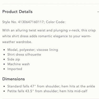 Anthropologie Graziella Twist-Waist Shirt Dress NEW  Size 4