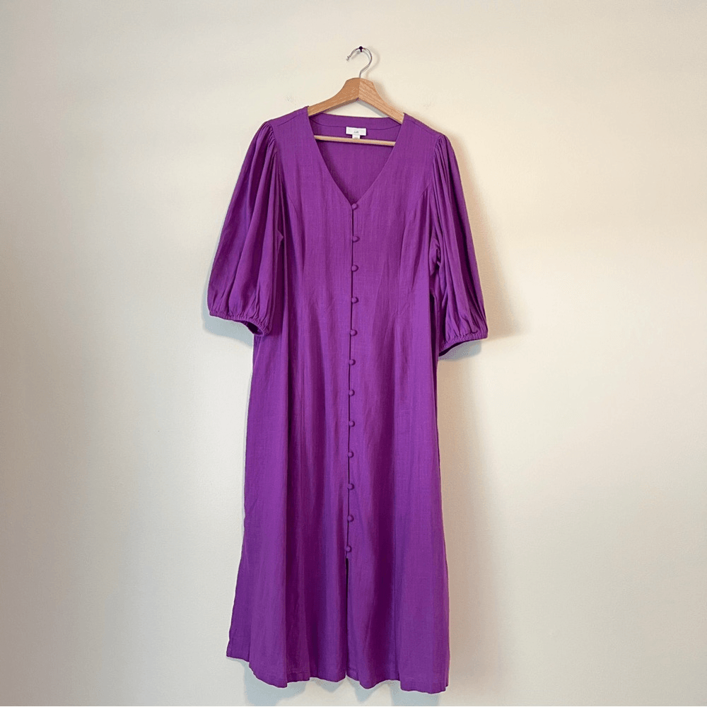 J.Jill Purple Button Front Linen Blend Midi Dress Puff Sleeve Size Large