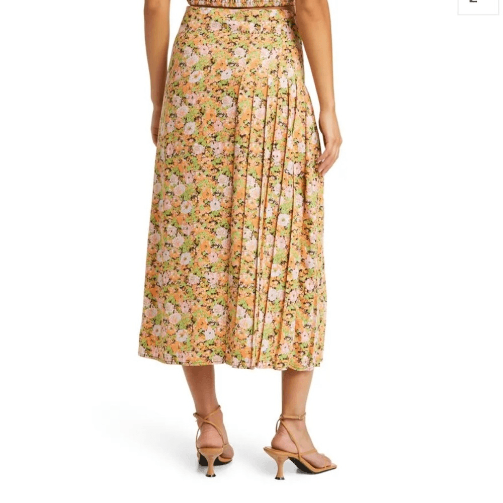 Open Edit Pleated Midi Skirt Orange Multi Meadow Floral Size Medium