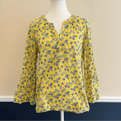 Talbots Floral Blouse Bandana Print Bell Sleeve Size Large Petite Popover