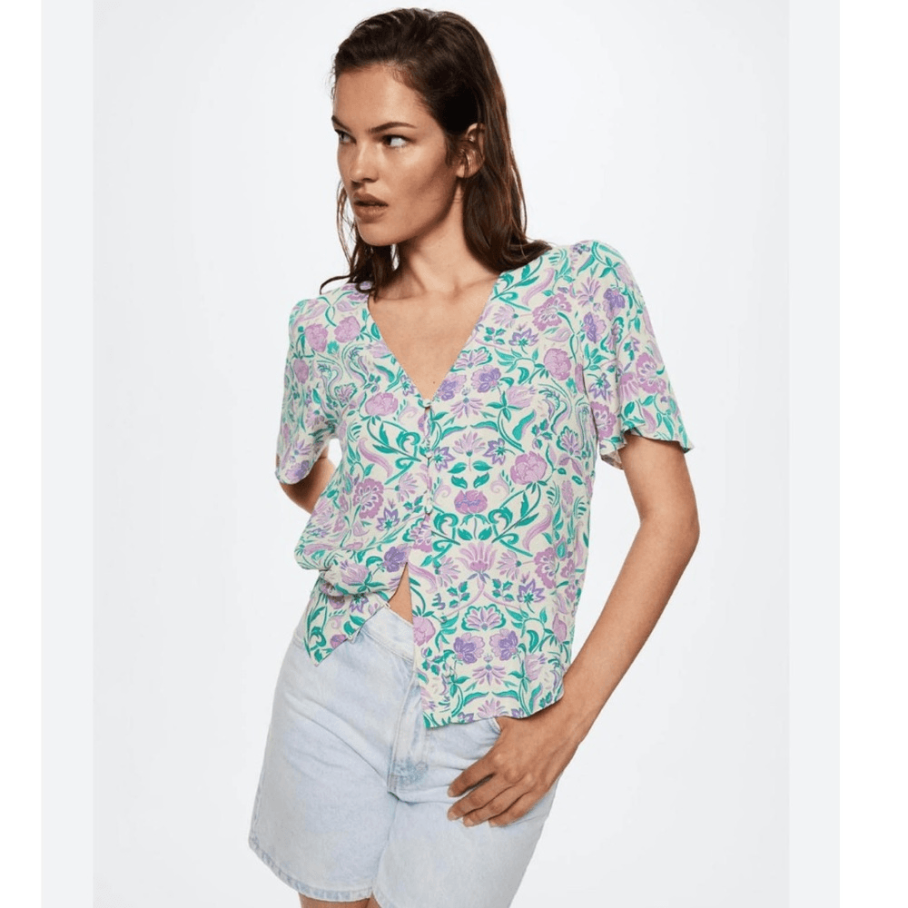 MANGO Flowy Floral Short Sleeve Blouse NEW Size 18