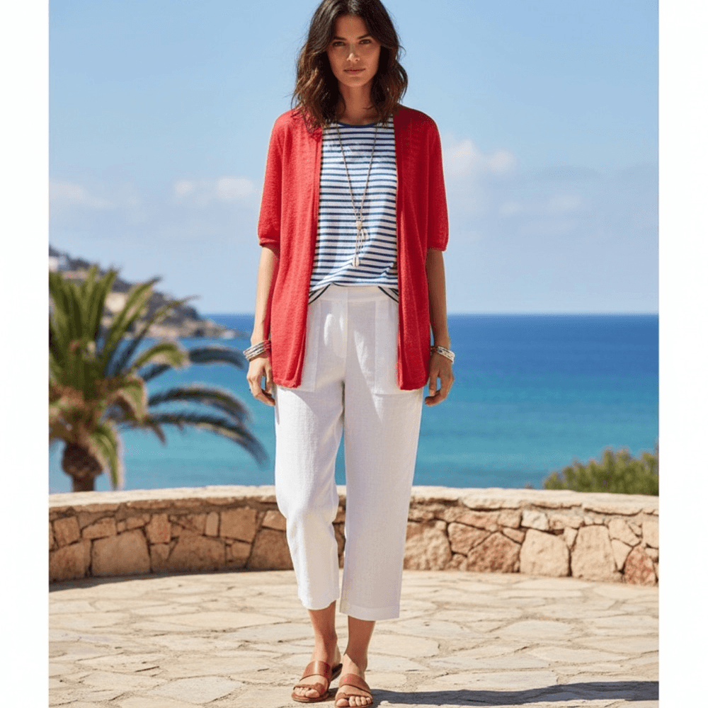 J. Jill Red Linen Blend Short Sleeve Lightweight Open Front Knit Cardigan Medium