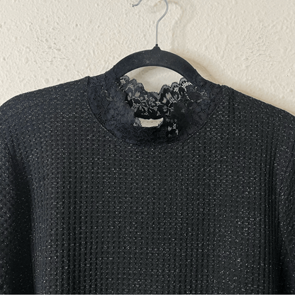 LOGO Lori Goldstein Black Metallic Waffle Knit Lace Top Pockets Stretchy Size 2X