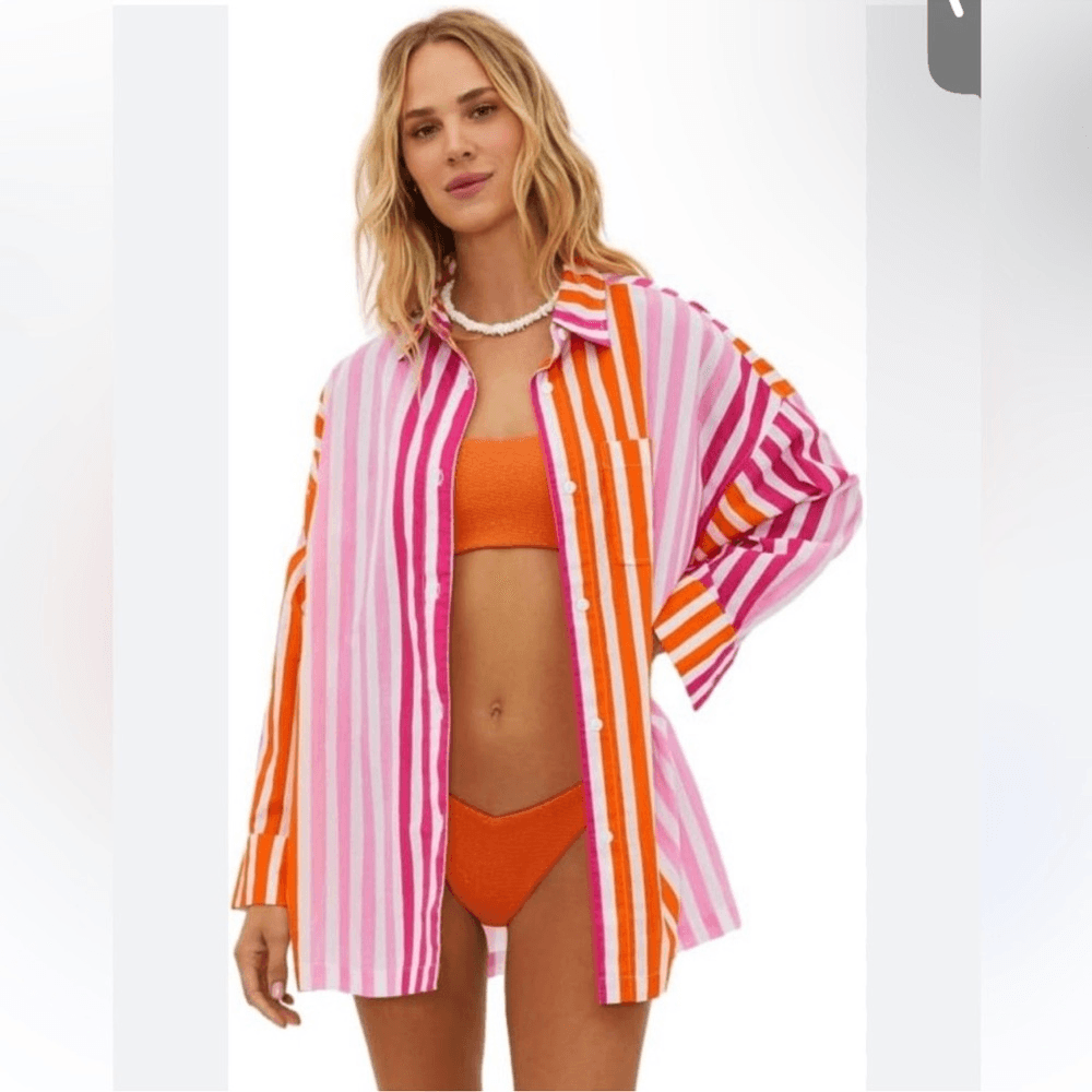 Beach Riot Alexa Striped Button Down Shirt Coverup Size S/M Pink Orange