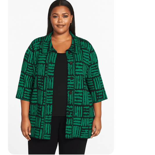 Ming Wang Knit Cardigan Jacket in Green and Black Plus Size 3X Open Front