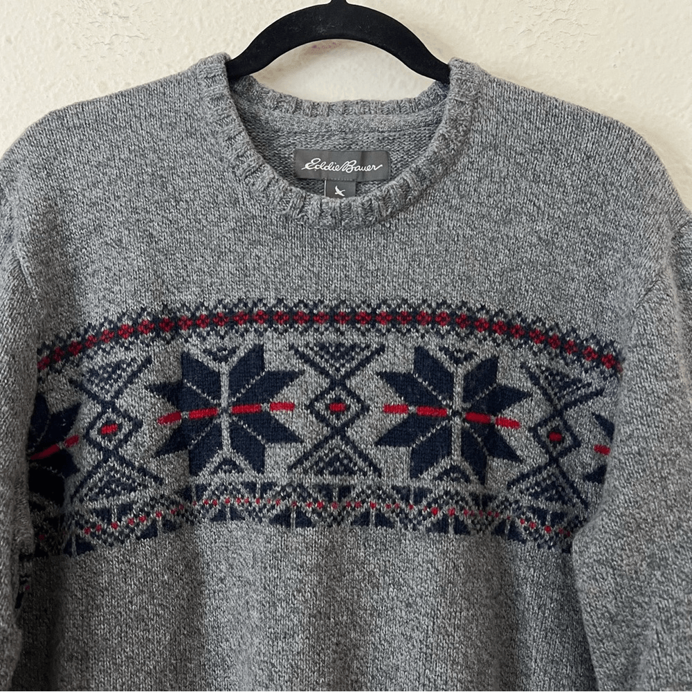 Eddie Bauer Fair Isle Wool Blend Crew Neck Sweater Size XL in Gray