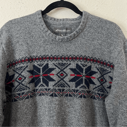 Eddie Bauer Fair Isle Wool Blend Crew Neck Sweater Size XL in Gray