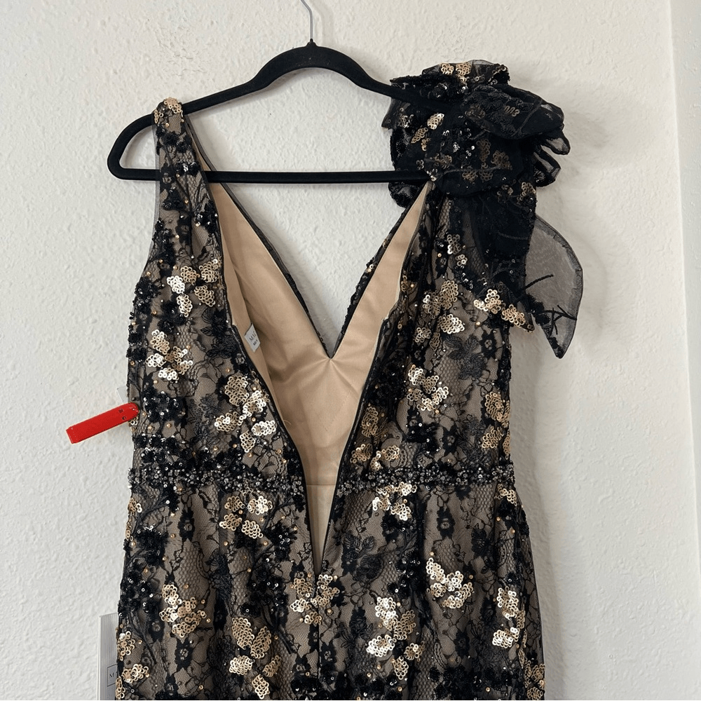 Mac Duggal Floral Embellished V-Neck Midi Dress With Shoulder Bow NEW Size 12