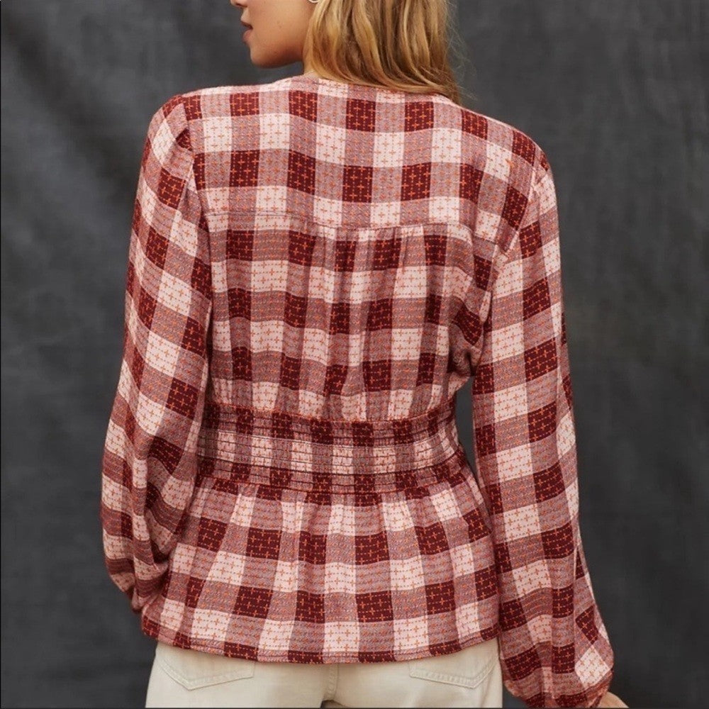 Anthropologie Pilcro Plaid Deep-V Blouse NEW Size Small