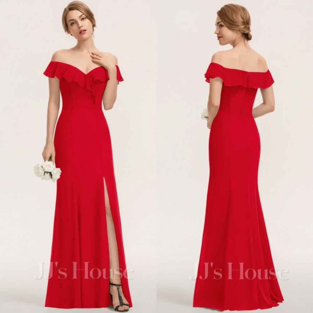 JJs House Red Off the Shoulder Sheath/Column Maxi Chiffon Bridesmaid Dress NEW