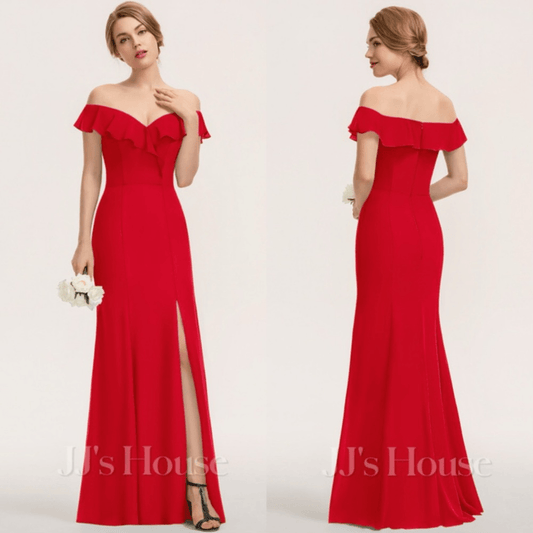 JJs House Red Off the Shoulder Sheath/Column Maxi Chiffon Bridesmaid Dress NEW