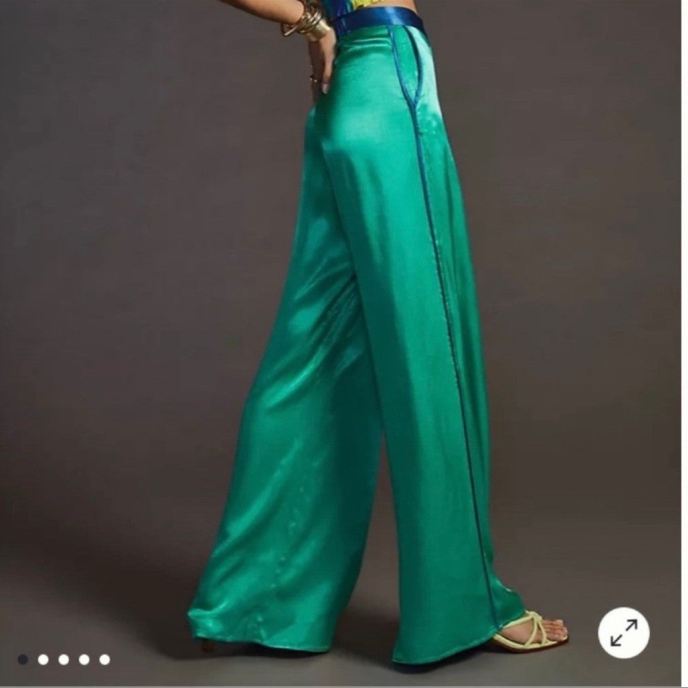 Anthropologie Corey Lynn Calter Sam Wide Leg Satin Pants NEW Size XS Green