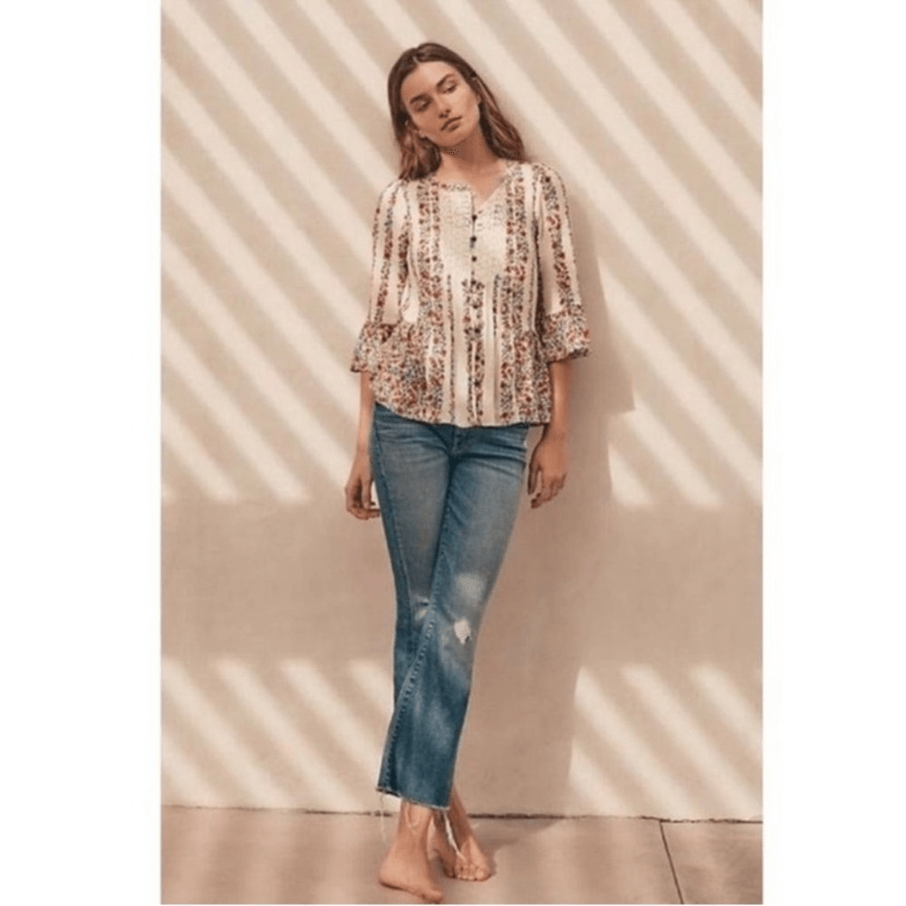 Anthropologie Maeve Hiver Boho Floral & Lace Bell Sleeve Peasant Blouse Size 6