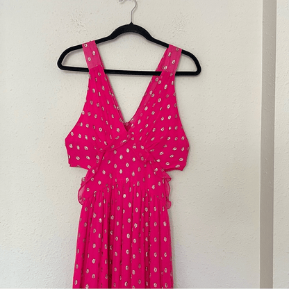 En Creme Pink Metallic Ruffled Maxi Dress Size Medium NEW