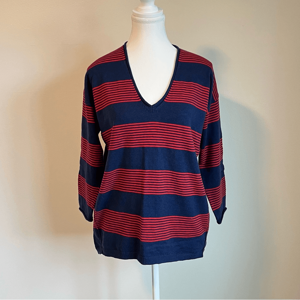 Madewell Deckhouse Striped Red Navy Sweater V-neck Size Small