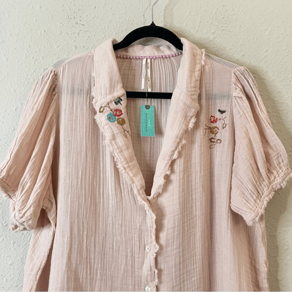 Anthropologie Romilly Boho Top Button-up Pink Embroidery NEW Plus Size 1X
