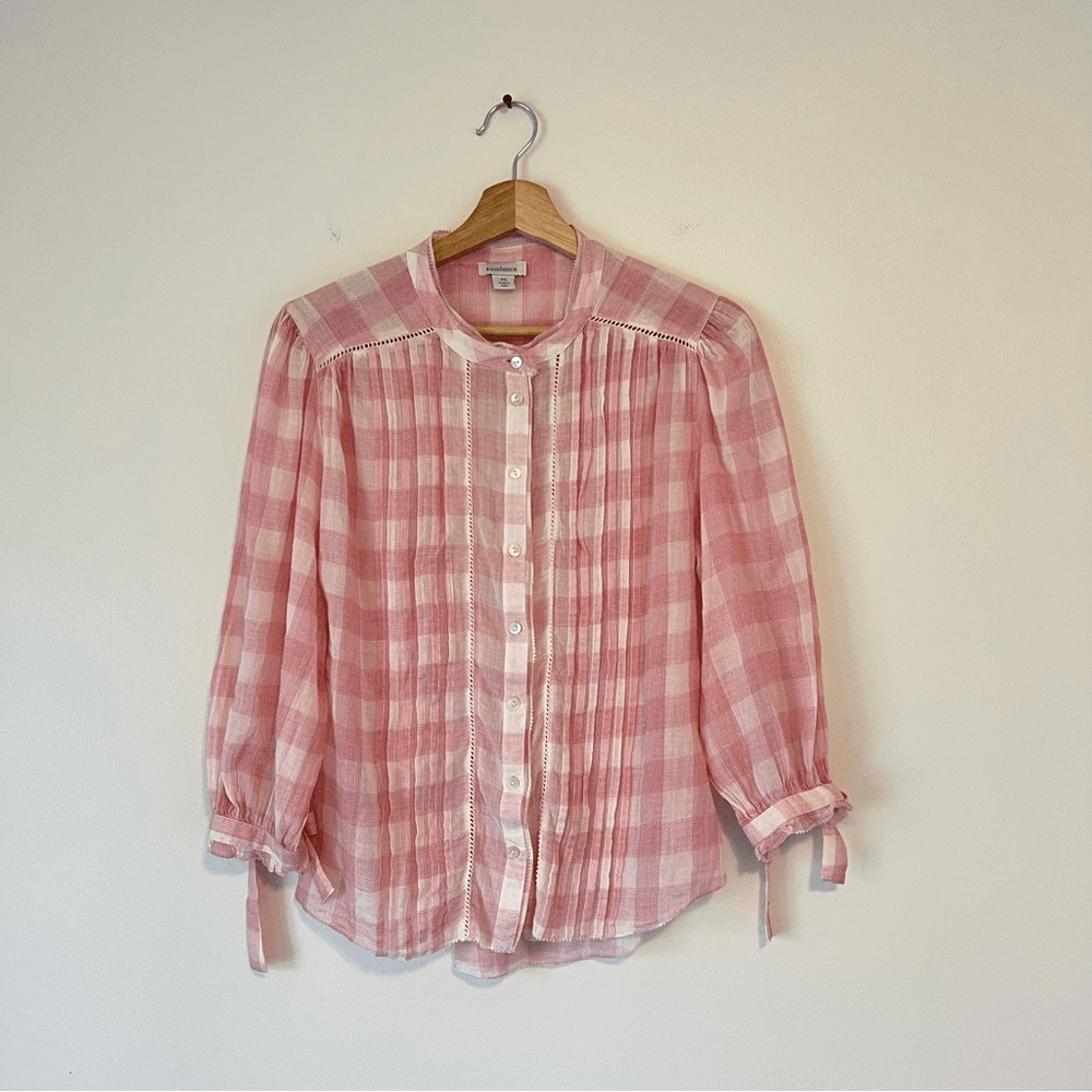 Sundance Risette Pink White Gingham Button Down Tie Sleeve Top Size XS
