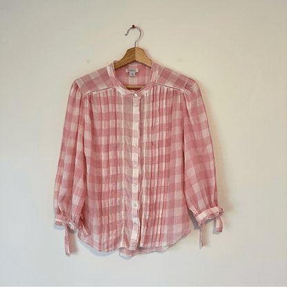 Sundance Risette Pink White Gingham Button Down Tie Sleeve Top Size XS