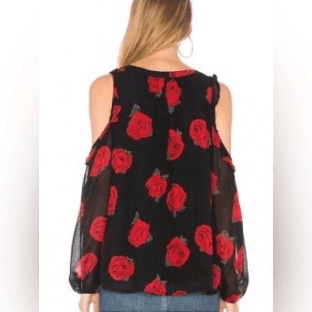 Sanctuary Cold Shoulder Rose Print Long Sleeve Blouse Black and Red Size Medium