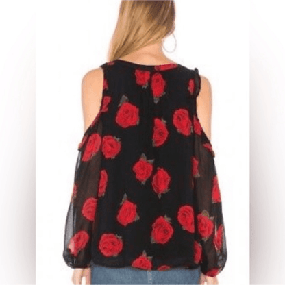 Sanctuary Cold Shoulder Rose Print Long Sleeve Blouse Black and Red Size Medium