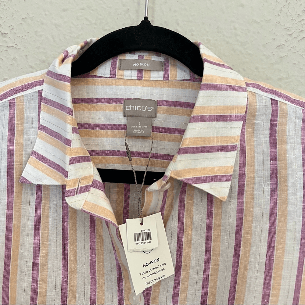 Chico’s Linen Metallic Striped Roll-Tab Button Front Shirt NEW Size 1