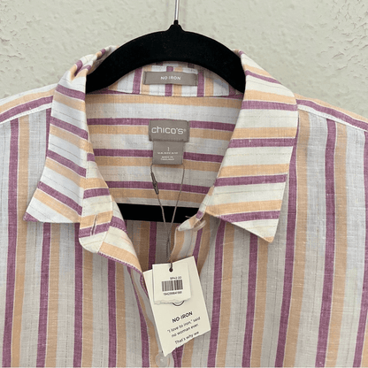 Chico’s Linen Metallic Striped Roll-Tab Button Front Shirt NEW Size 1
