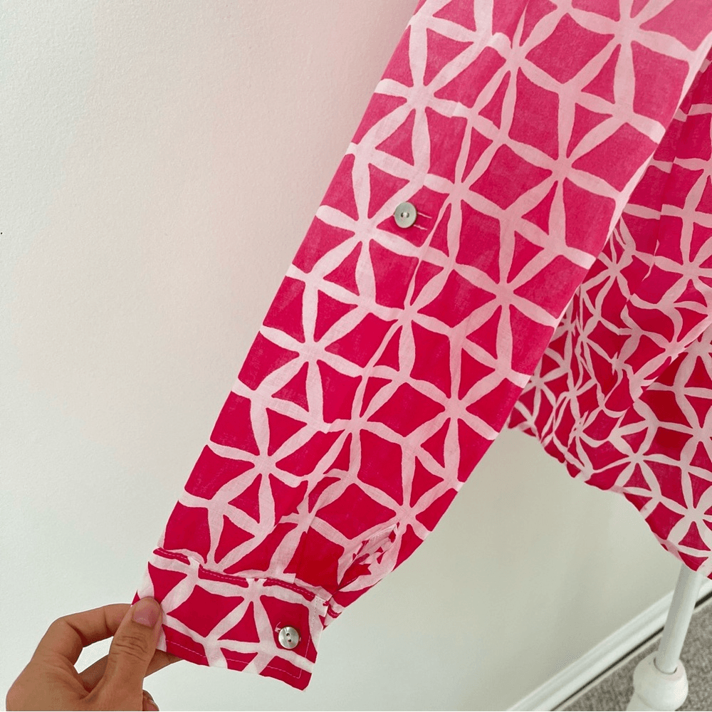 Chico’s Geometric Ombre Button Up Blouse Cotton Long Sleeve Top Size Large