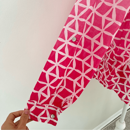 Chico’s Geometric Ombre Button Up Blouse Cotton Long Sleeve Top Size Large