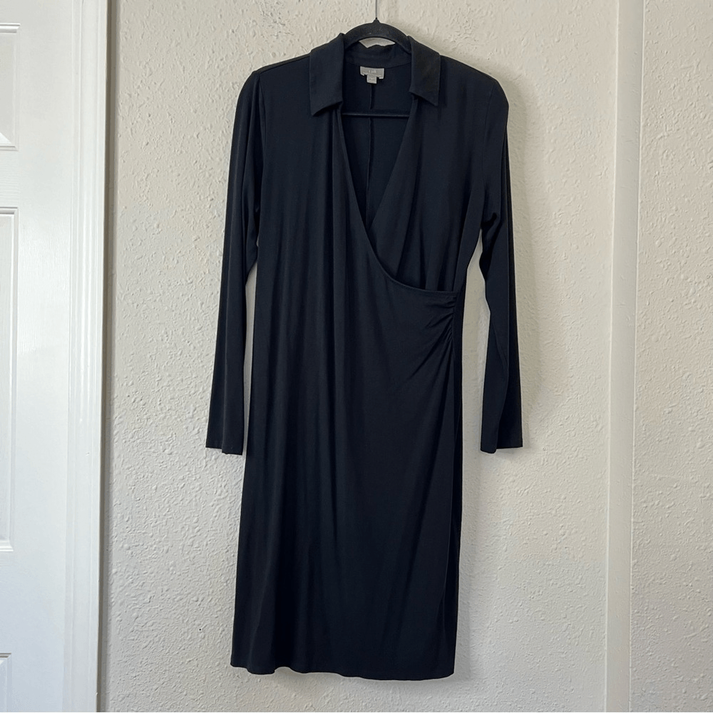 J. Jill Wearever Black Dress Long Sleeve Faux Wrap Size Medium Knee Length