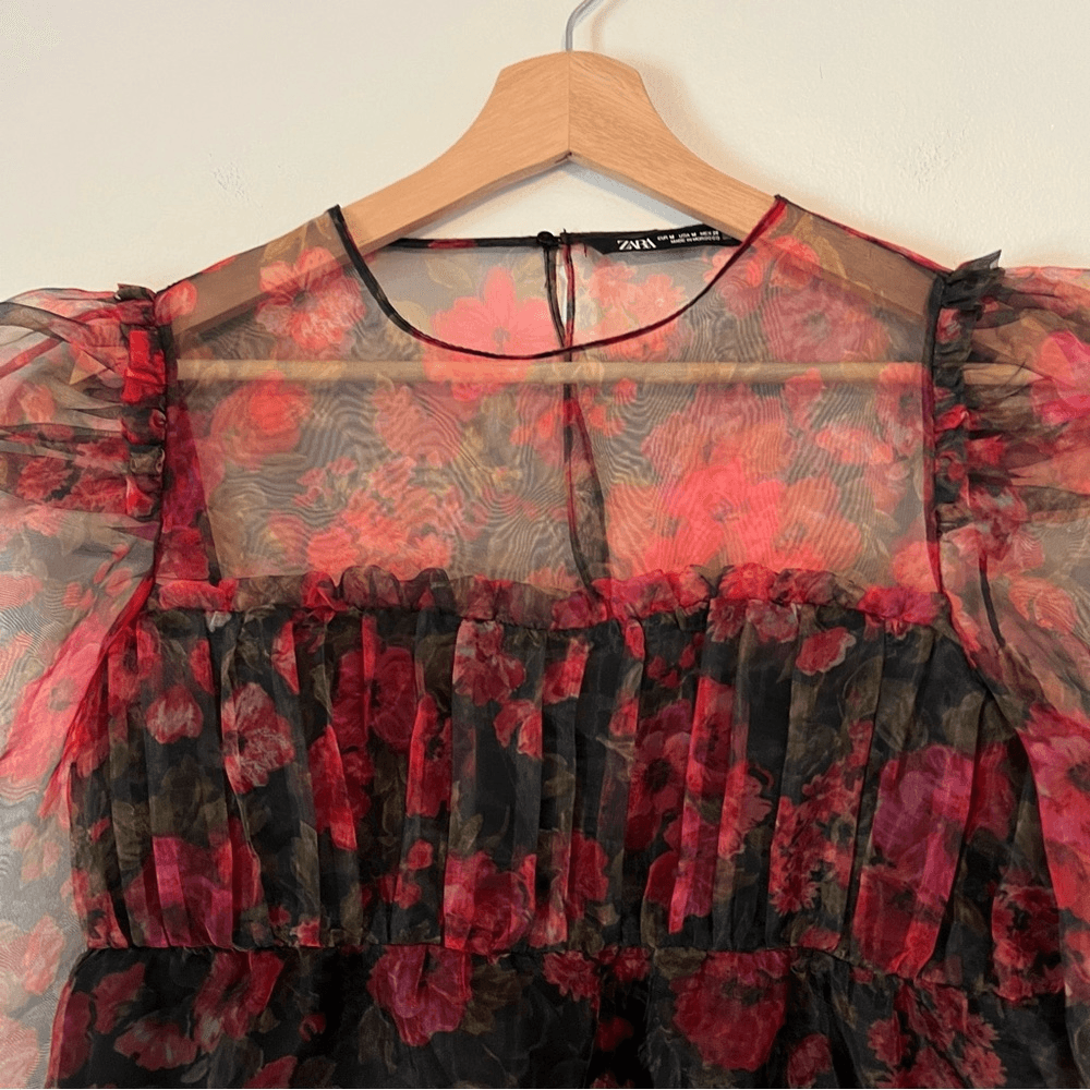 Zara Floral Sheer Organza Cropped Top Size Medium Whimsical Fairy Puff Sleeves