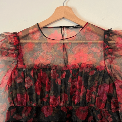 Zara Floral Sheer Organza Cropped Top Size Medium Whimsical Fairy Puff Sleeves