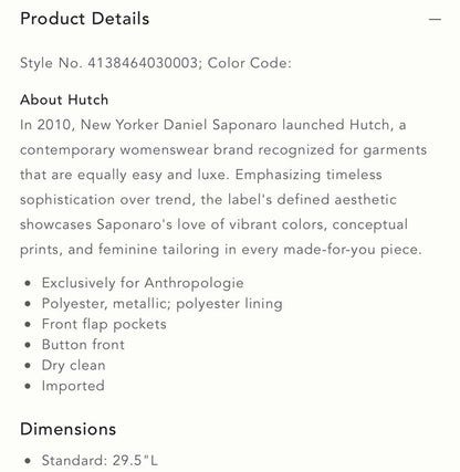 Anthropologie Hutch Textured Metallic Blazer NEW Size Small