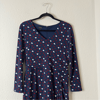 Talbots Heart Print A-Line Jersey Sheath Dress Long Sleeve Navy Blue Size 6